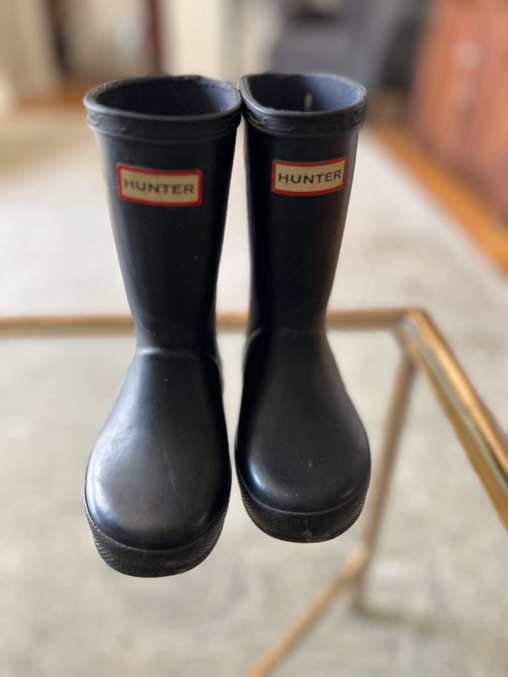 Hunter Black Rubber Mid-Calf Rain Boots with Red Logo Accent